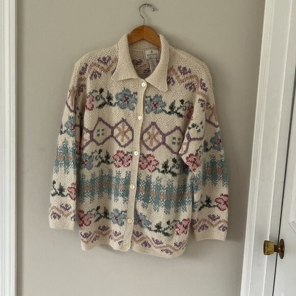 Vintage Express Angora Handknit Cardigan Silk Angora Size Large 90s Tradwife - Picture 4 of 11